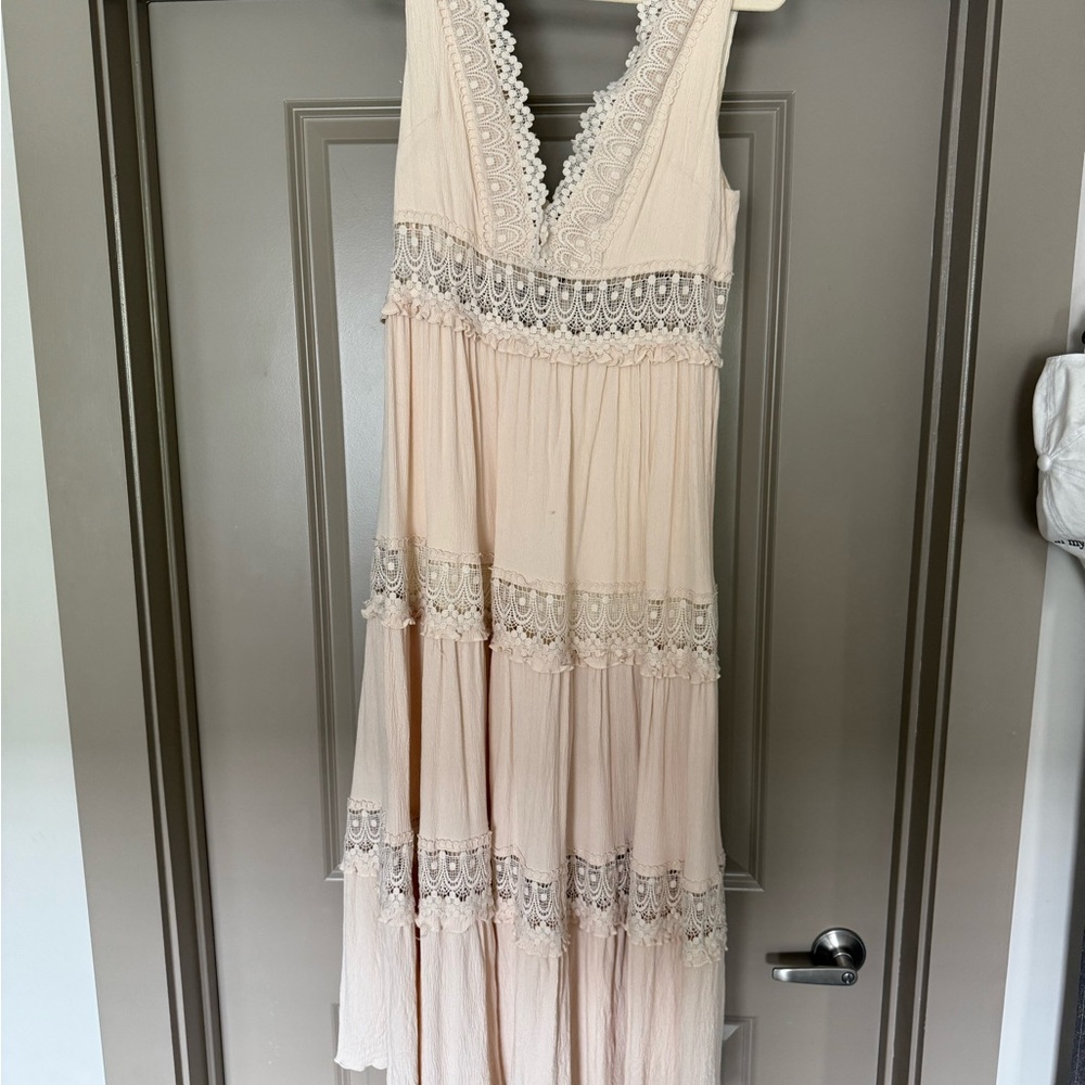 Boho Lace Trim Cream Midi Dress